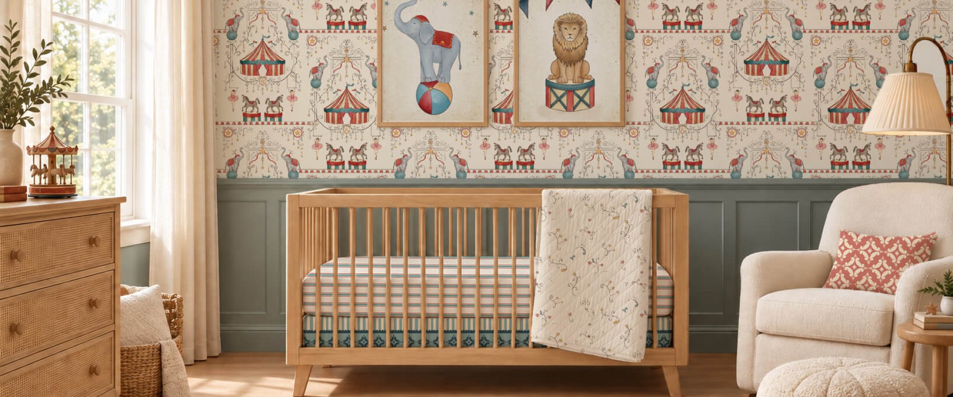 Sunlit nursery mockup with blank oak frames